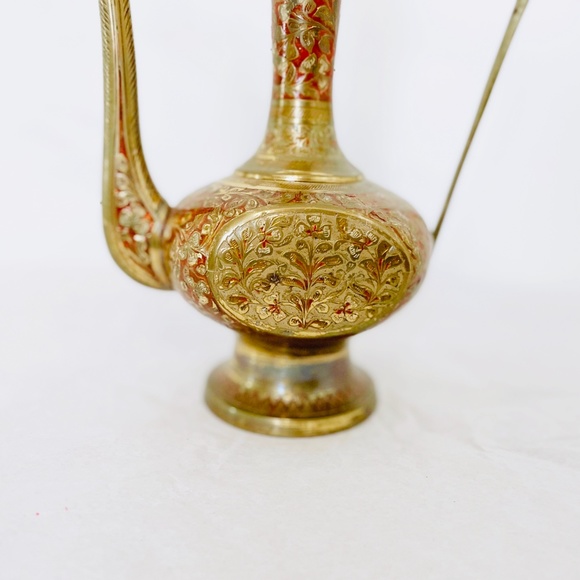 SOLD. Vintage India Brass & Enamel Tea Pot or Wine Pitcher EUC - Picture 2 of 8